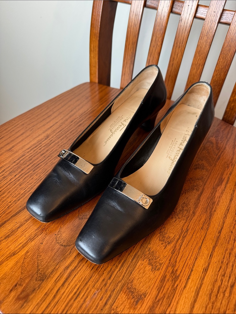 Salvatore Ferragamo Black Leather Square-Toe Mid Heels with Signature Metal Dec